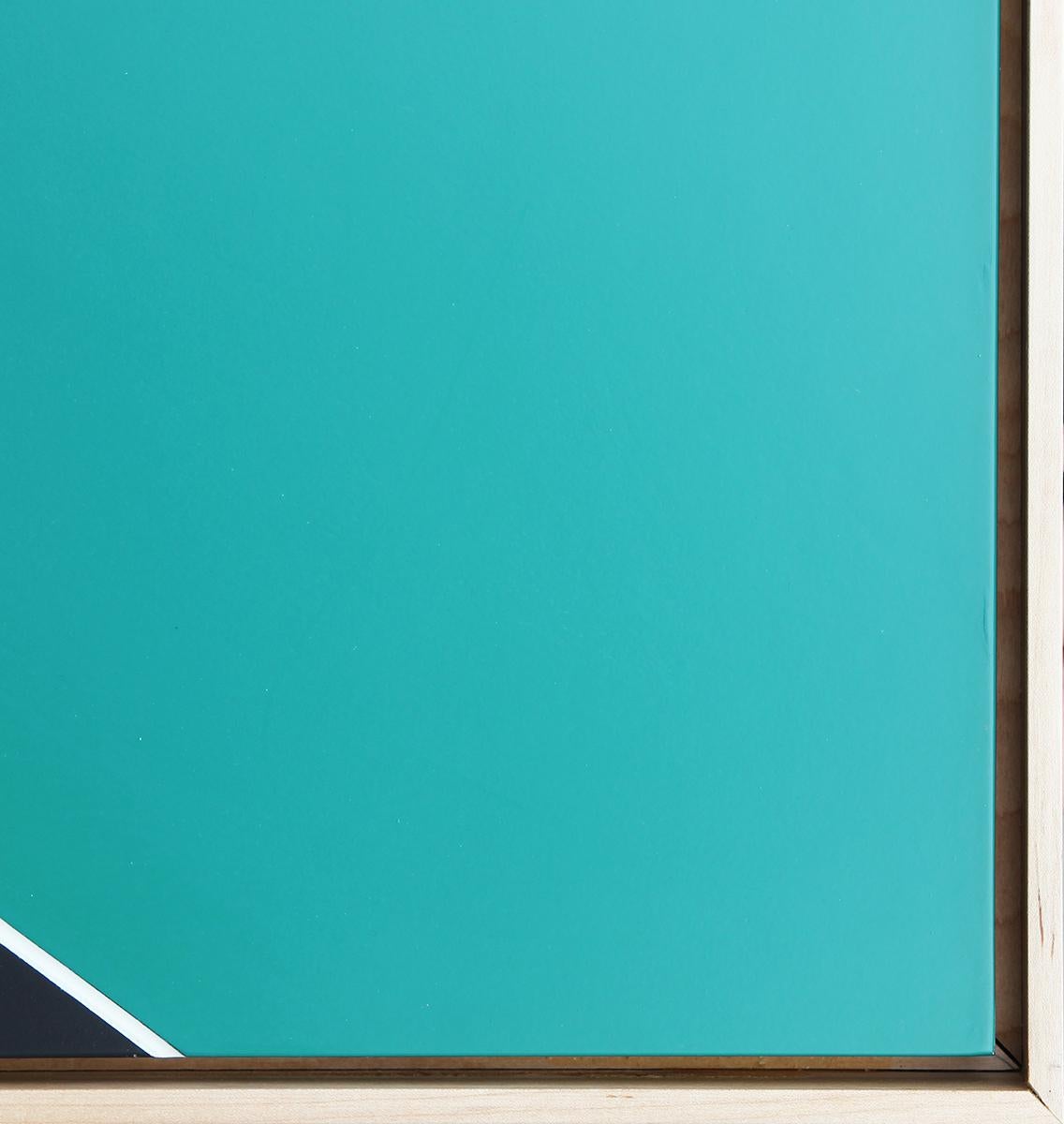 Blaugrünes, schwarzes und weißes abstraktes geometrisches Mischtechnik-Gemälde des Künstlers Matthew Reeves aus Houston, TX. Auf der Rückseite vom Künstler signiert. Gerahmt in einem schwimmenden Naturholzrahmen.

Abmessungen ohne Rahmen: H 35.88