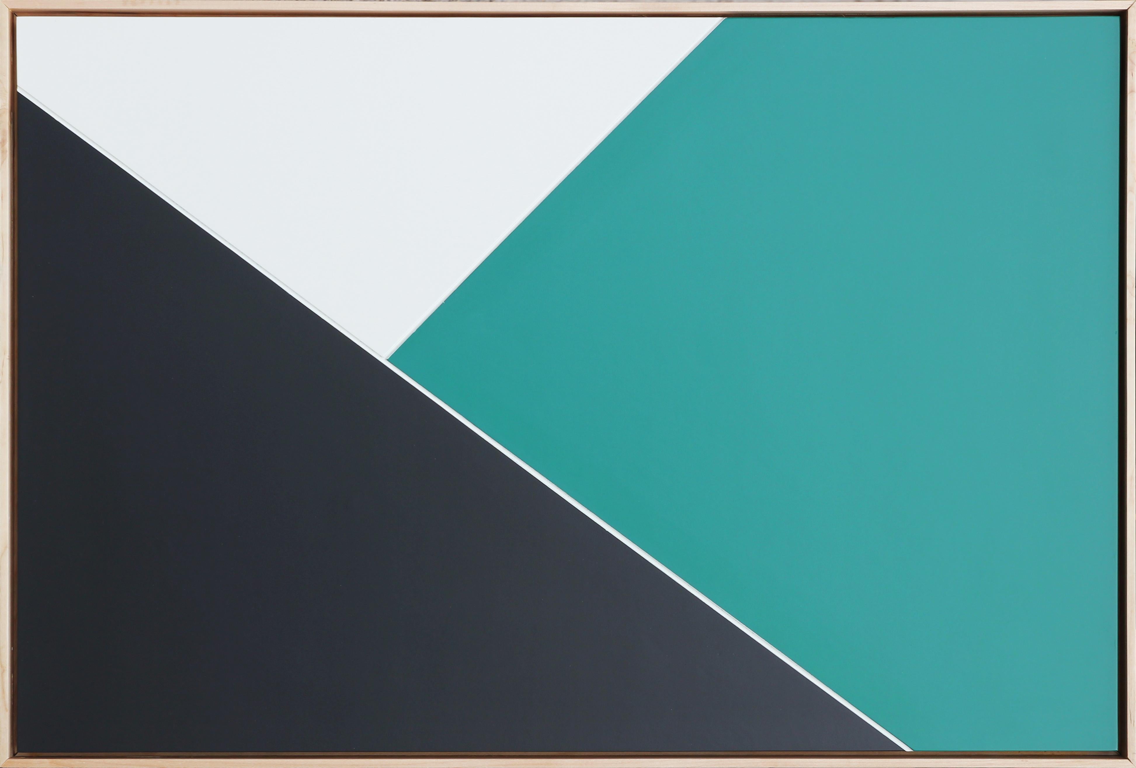 Matthew Reeves Abstract Painting - “Point Blank” White, Teal, and Black Abstract Geometric Mixed Media Painting