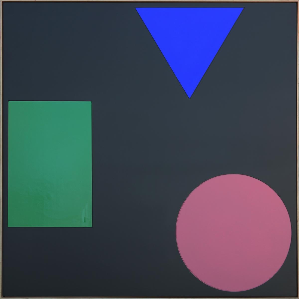 Matthew Reeves Abstract Painting - "RAD One" Green, Blue, Pink Abstract Geometric Triangle Modern Circle Painting
