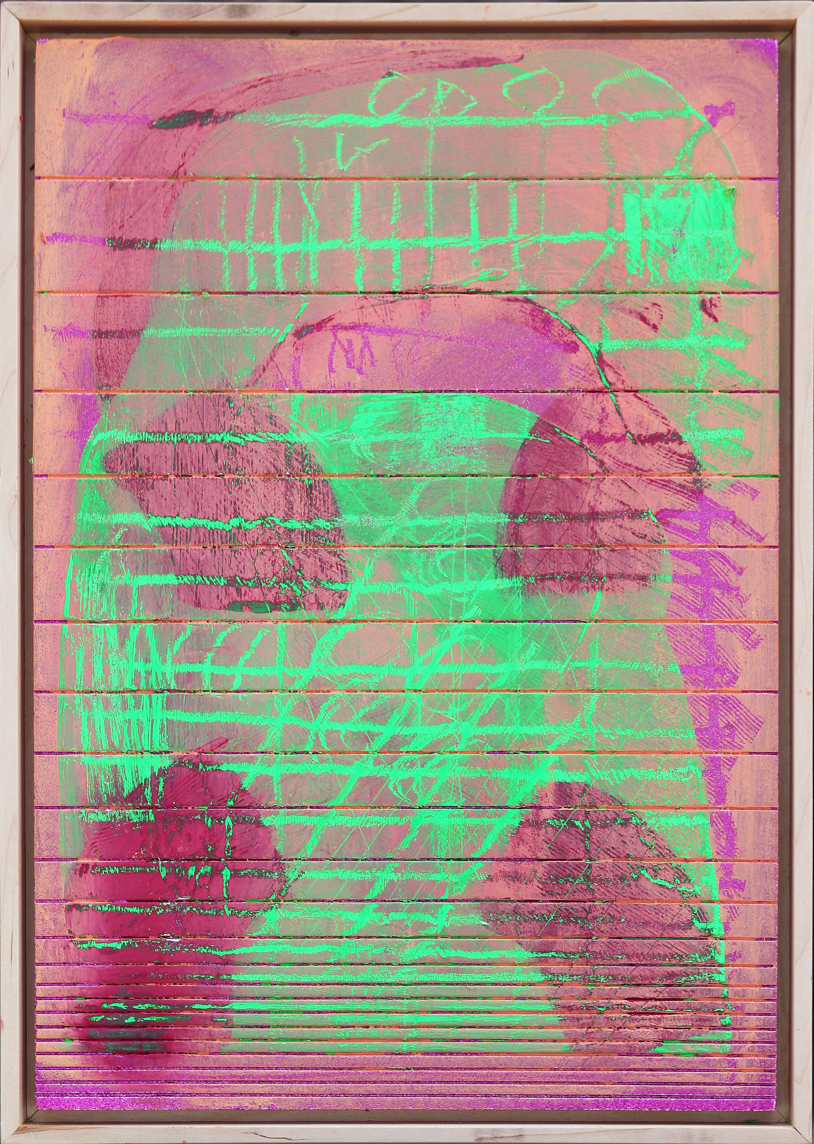 Matthew Reeves Abstract Painting - "Second Thoughts" Contemporary Pink Glitter and Green Geometric Groove Painting