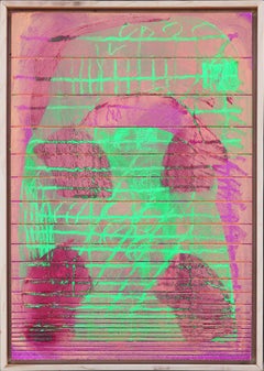 "Second Thoughts" Contemporary Pink Glitter and Green Geometric Groove Painting