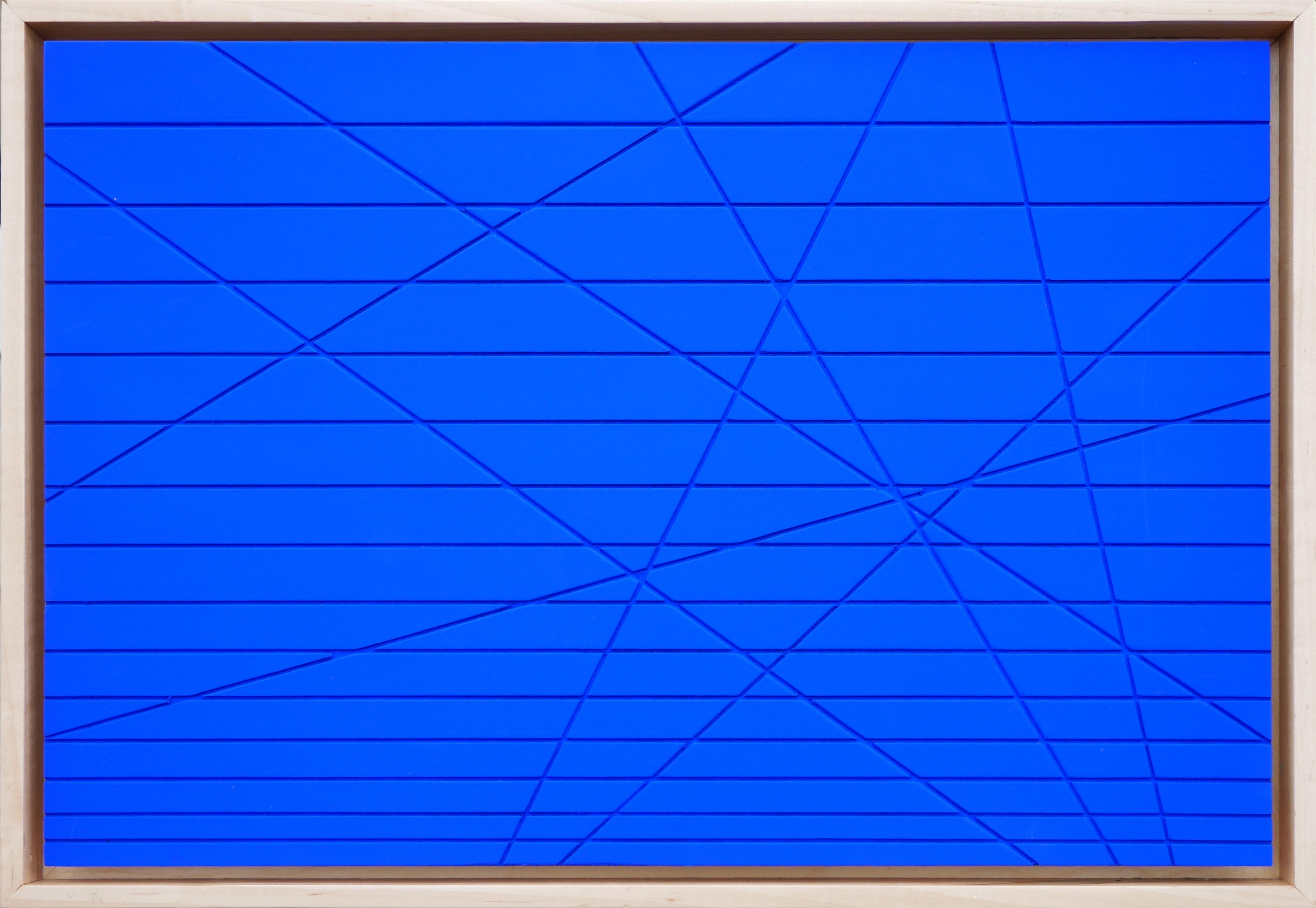 Matthew Reeves Abstract Painting - Small Contemporary Bright Blue Linear Abstract Geometric Groove Painting 1