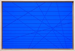 Small Contemporary Bright Blue Linear Abstract Geometric Groove Painting 1