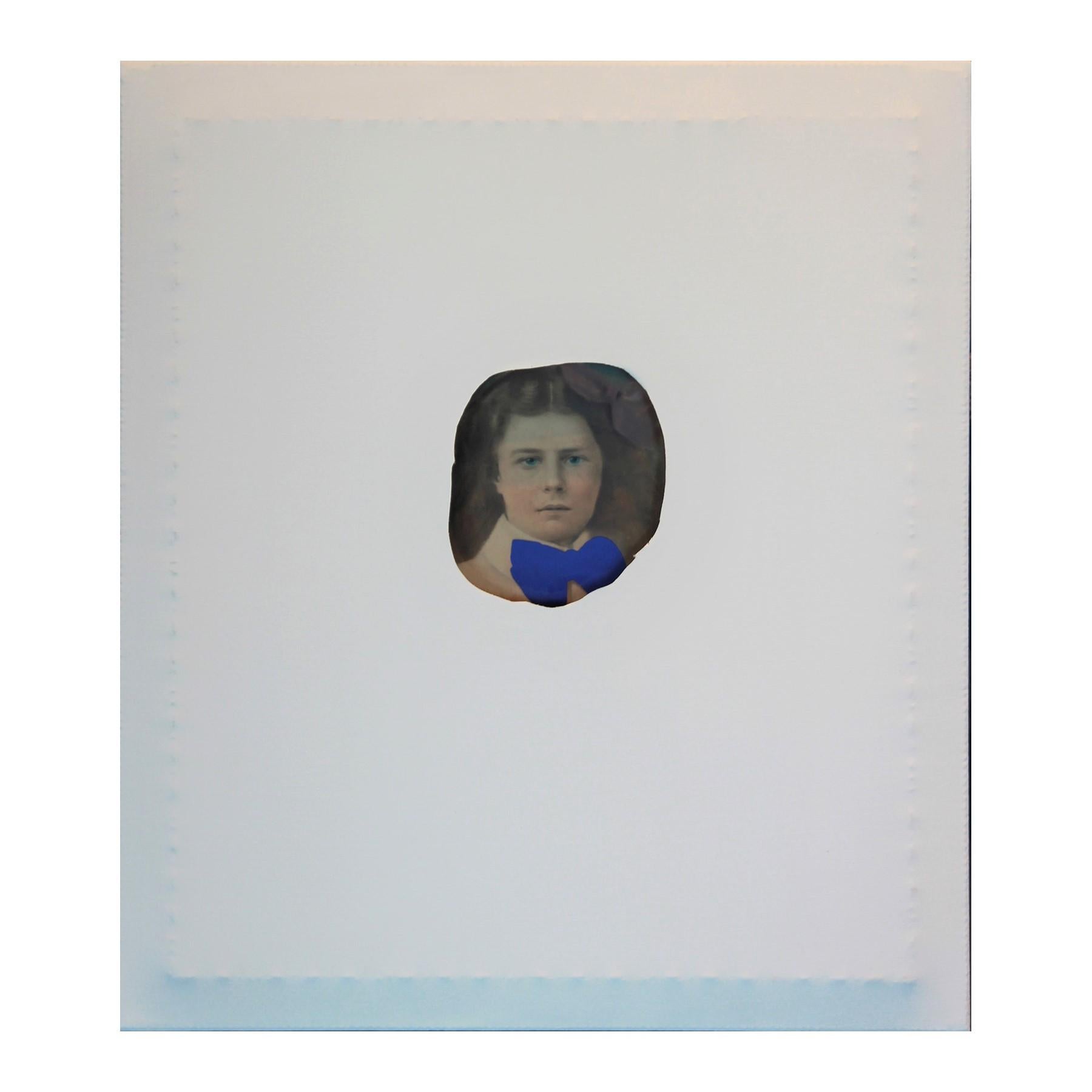 Matthew Reeves Portrait Painting - White Canvas Wrapped Portrait with Bright Blue Bow Tie