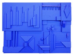 Contemporary Abstract Three Dimensional Bright Blue Geometric Wall Sculpture 