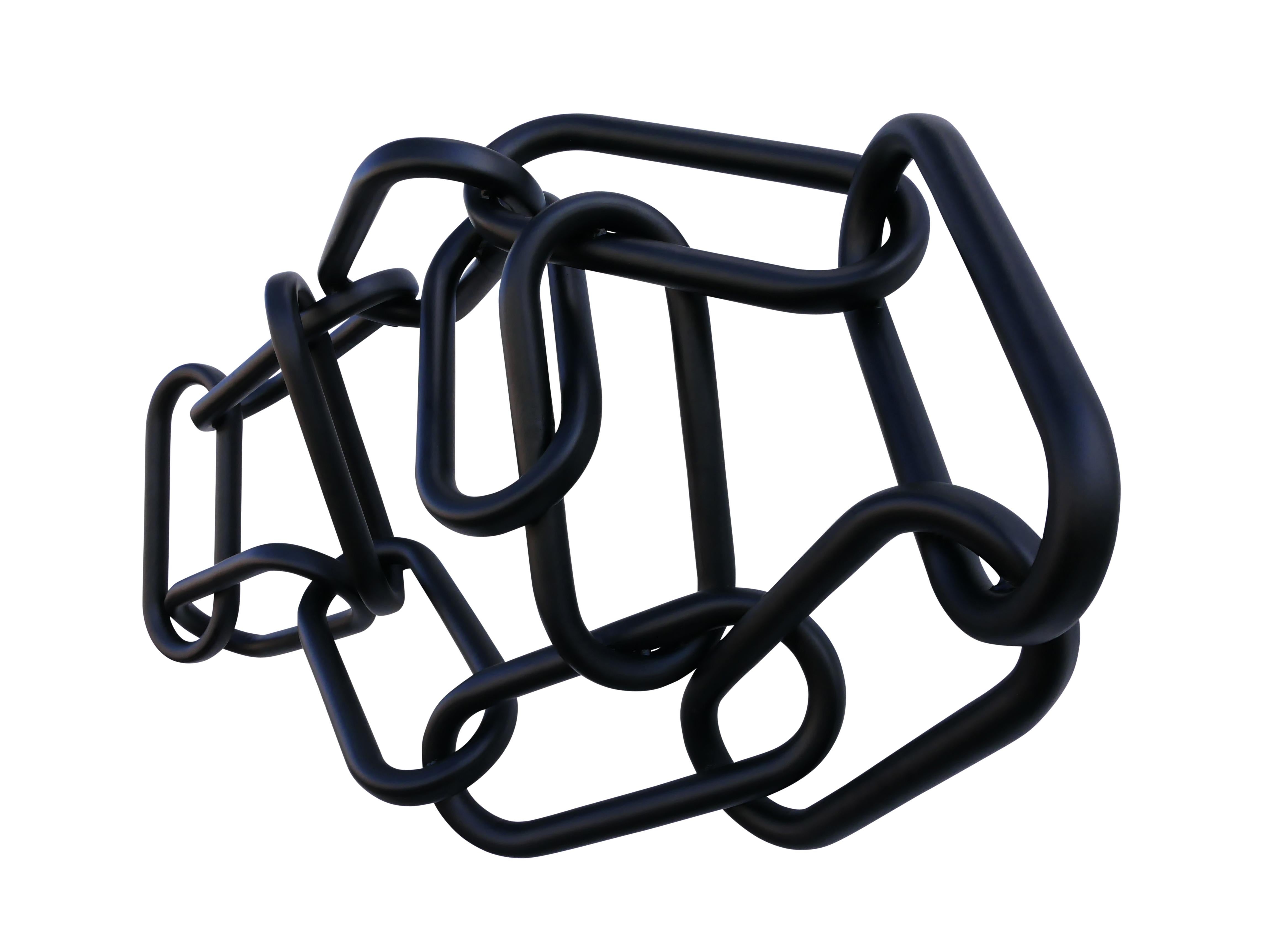Large abstract contemporary chain sculpture by Houston, TX artist, Matthew Reeves. The sculpture depicts a linked chain sculpture that can be displayed either vertically or horizontally. It is made of powder-coated aluminum and is an excellent