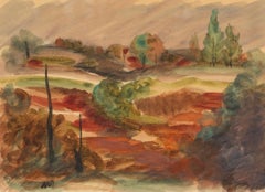French Landscape - Warm Coloured 20th Century Rural Painting with Trees