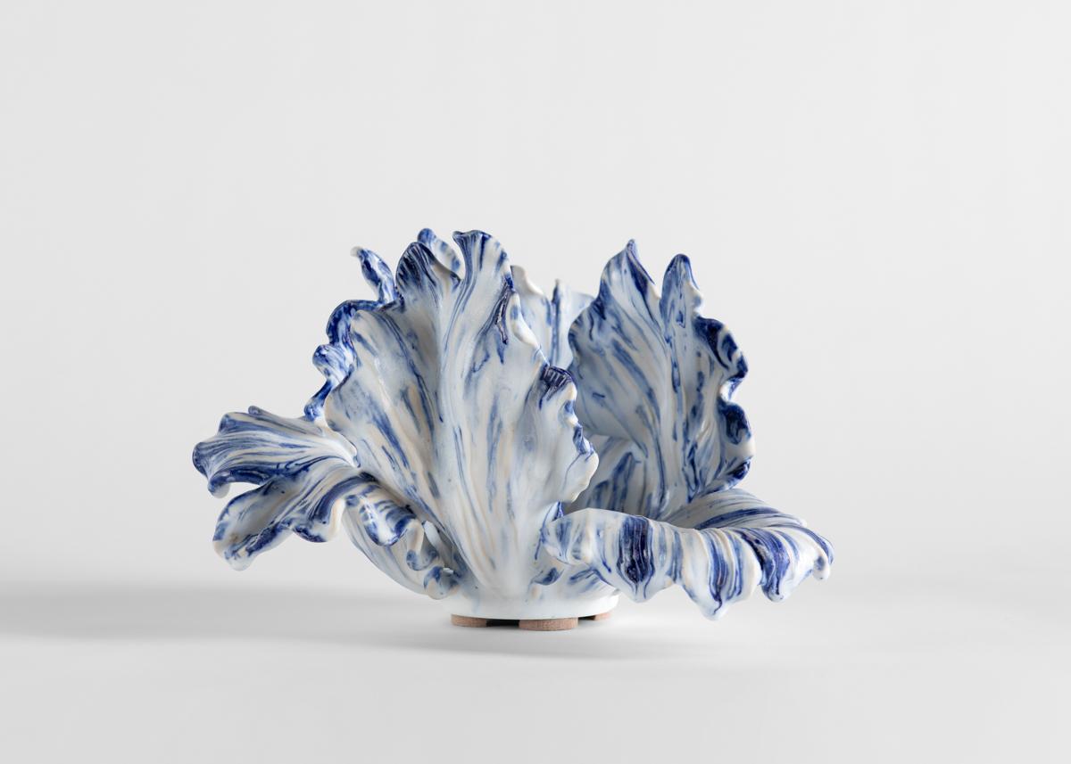 American Matthew Solomon, Glazed Sculpture of Blue and White Ceramic Tulip, United States