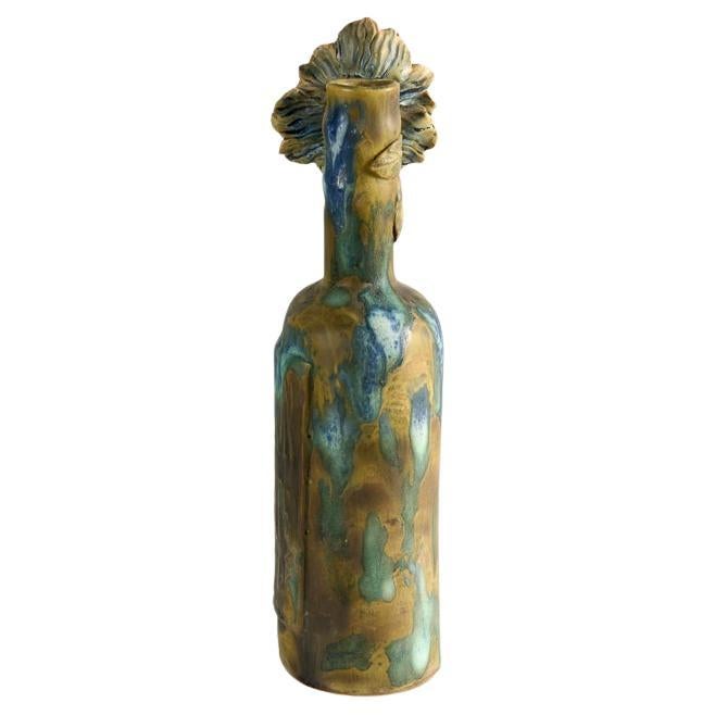 Matthew Solomon, Green Glazed Ceramic Bottle with Tulip on Neck, US, Circa 2007 For Sale