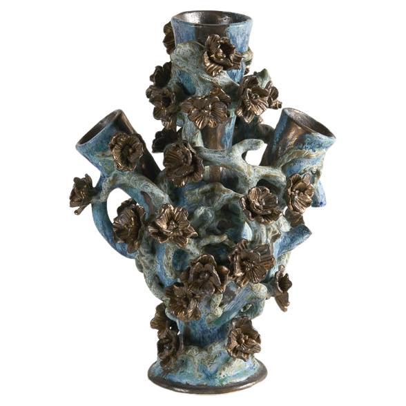 Matthew Solomon, Three-necked Blue and Gold Ceramic Stem Vase, US, 2017