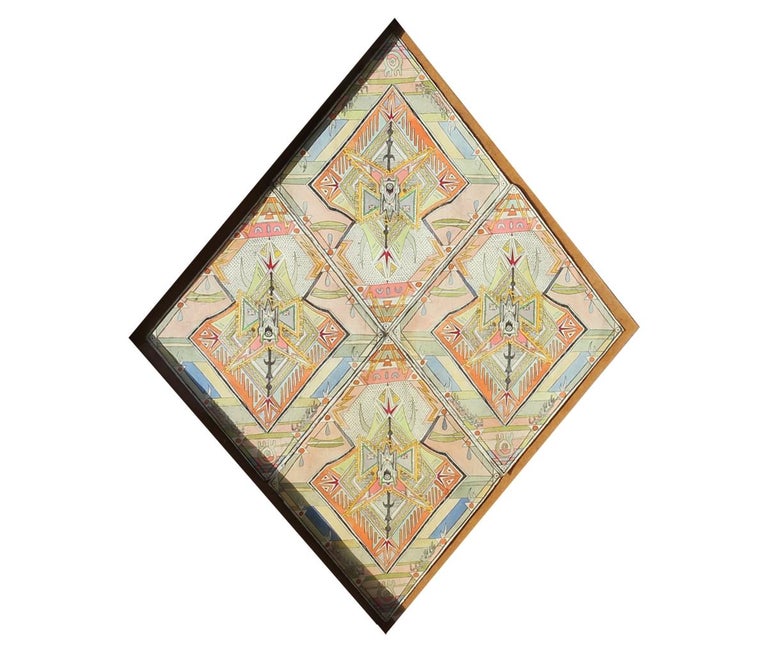 Pastel toned abstract geometric watercolor, pen, and color pencil drawing in abstract slanted and wooden cutout frame. Frame features art noveau inspired florals. Signed 