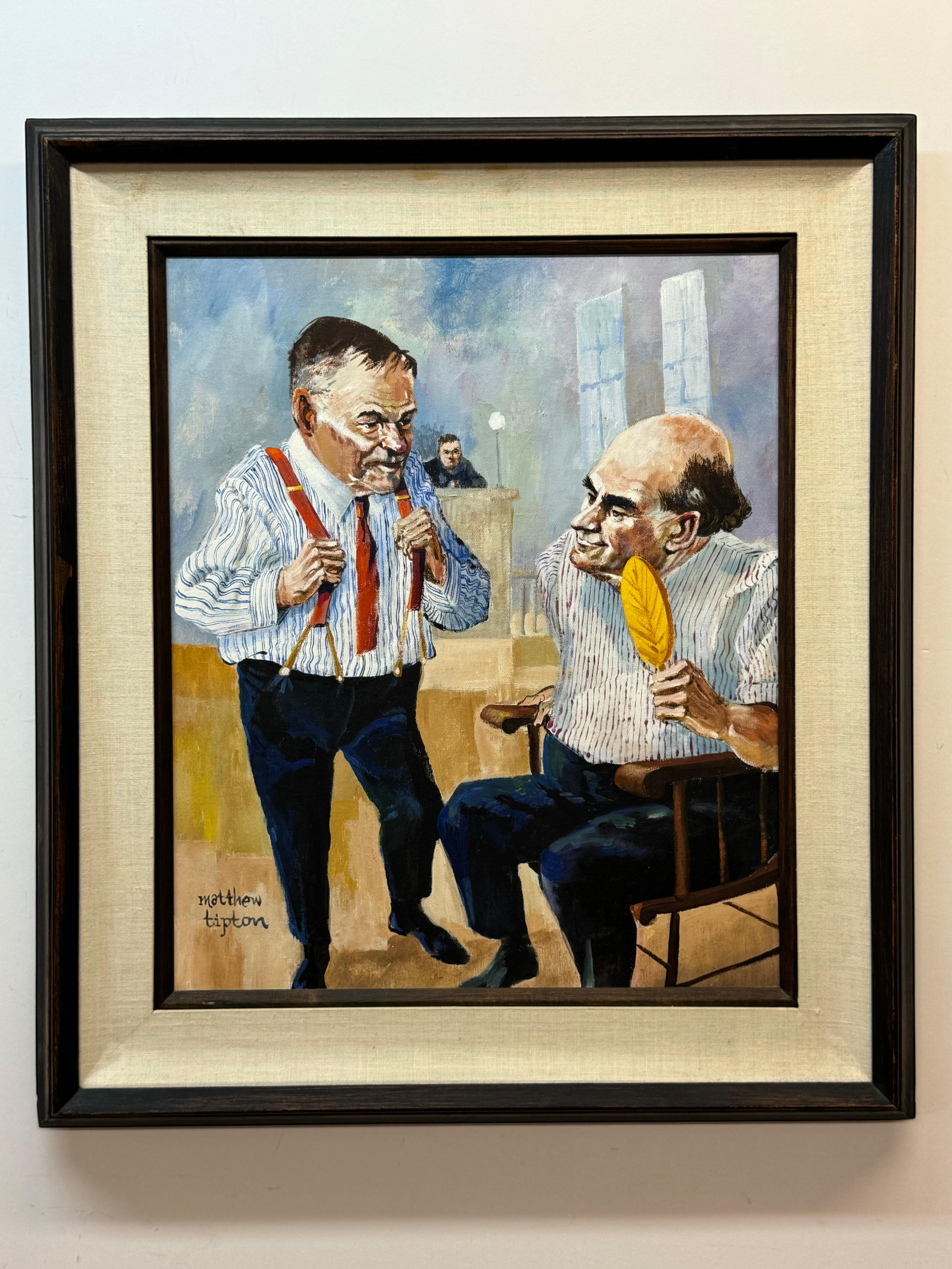 Matthew Tipton satirical illustration, painting depicting the controversial, 1925 Scopes trial. Lawyers Clarance Darrow and WM Jennings Bryan. Oil on canvas. 20 x 24 on framed 28.25 x 32.25 framed.
