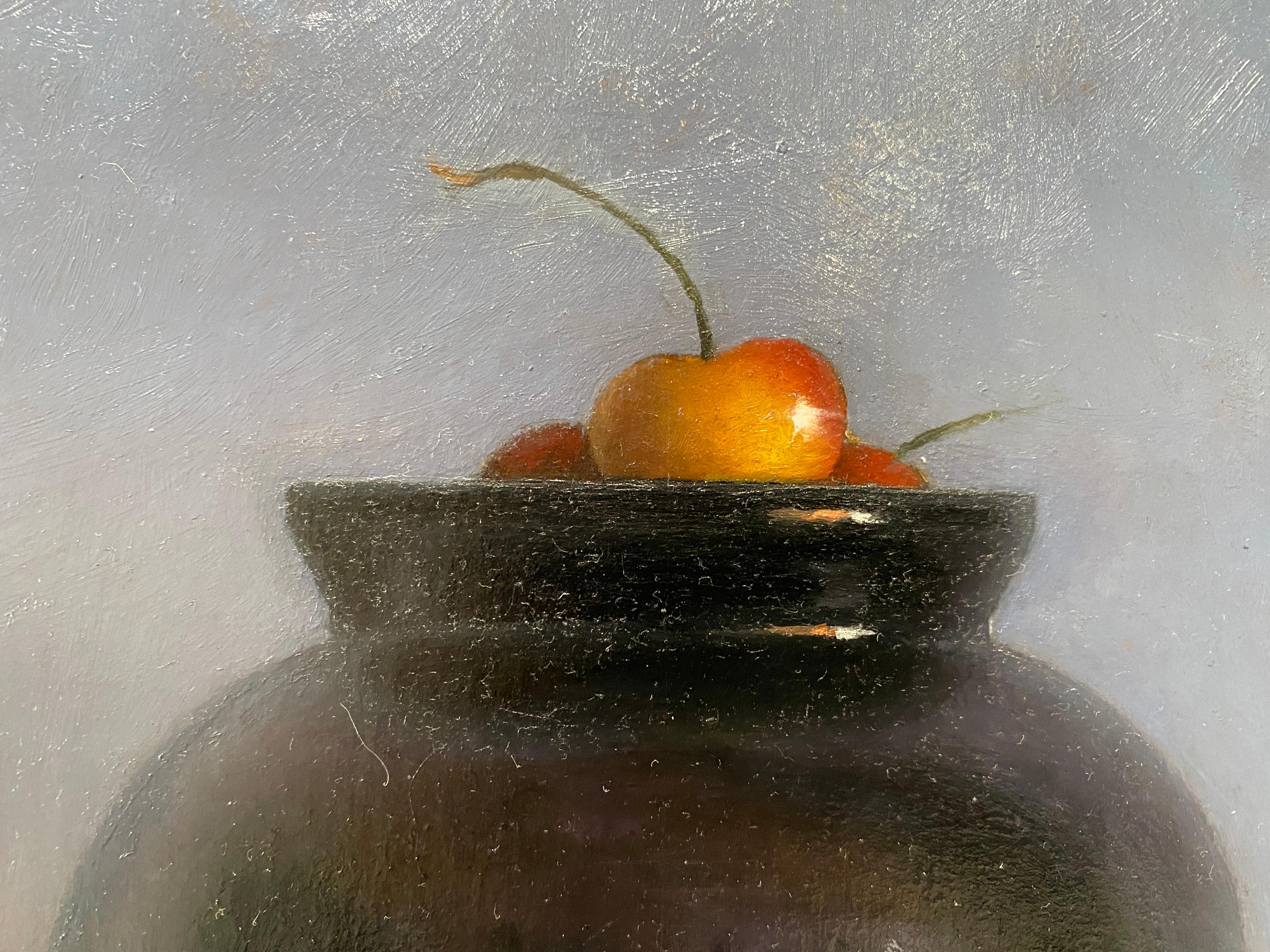 Cherries with Clay Pot - American Realist Painting by Matthew Weigle