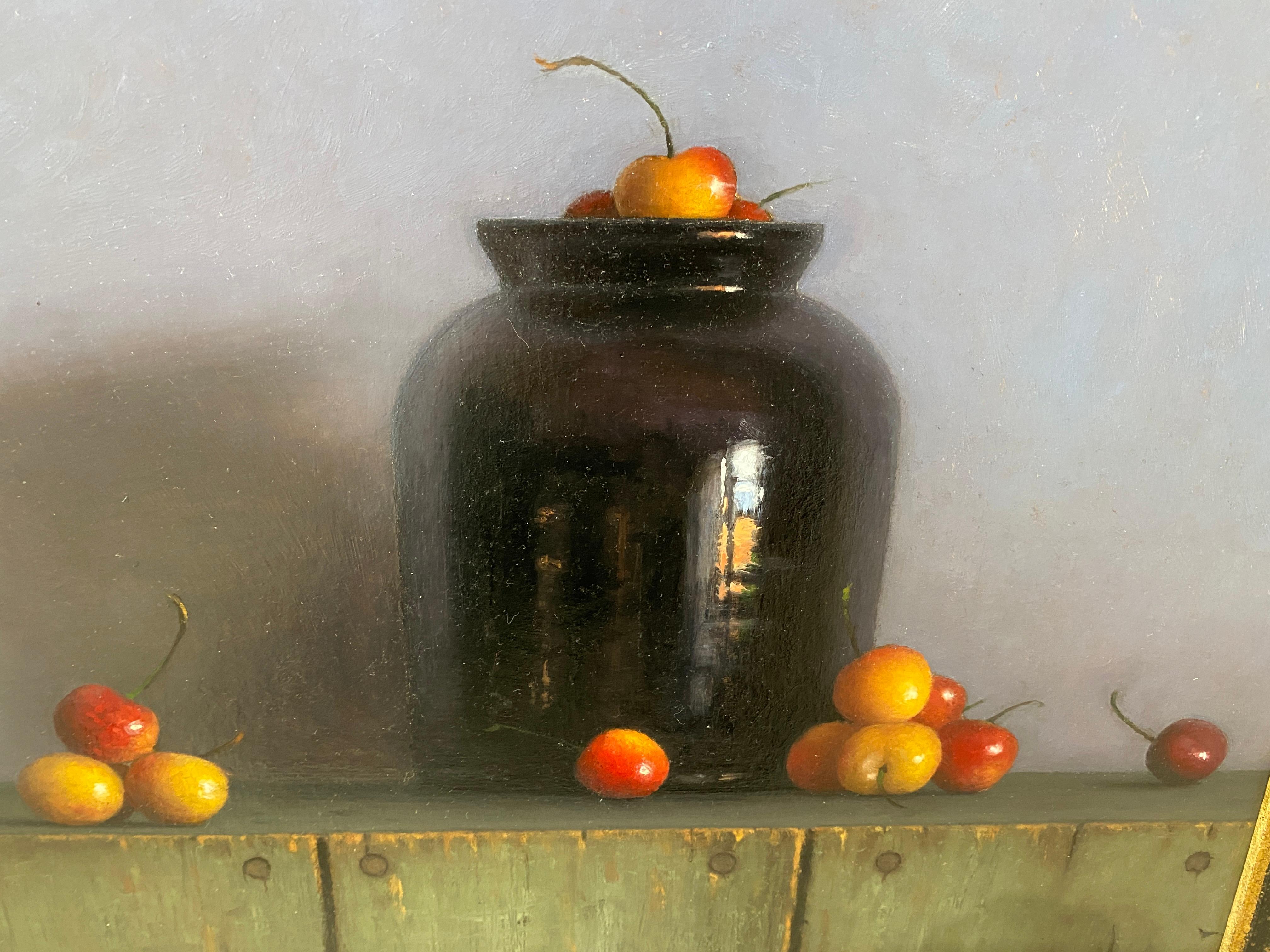Cherries with Clay Pot - Gray Still-Life Painting by Matthew Weigle