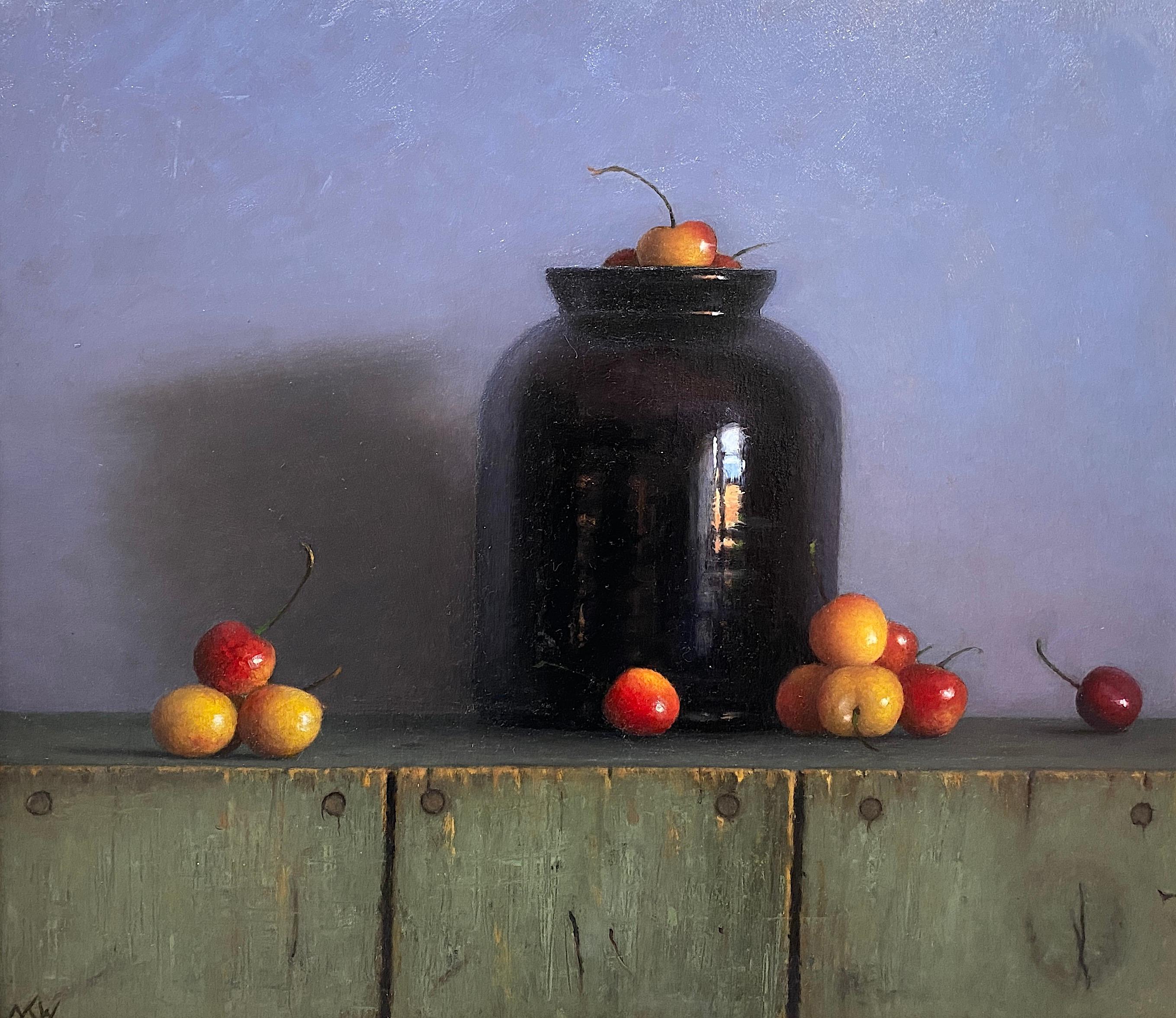 Matthew Weigle Still-Life Painting - Cherries with Clay Pot