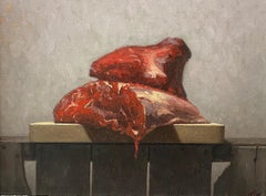 "Meat" contemporary realist oil painting by American artist, raw, uncooked, chef