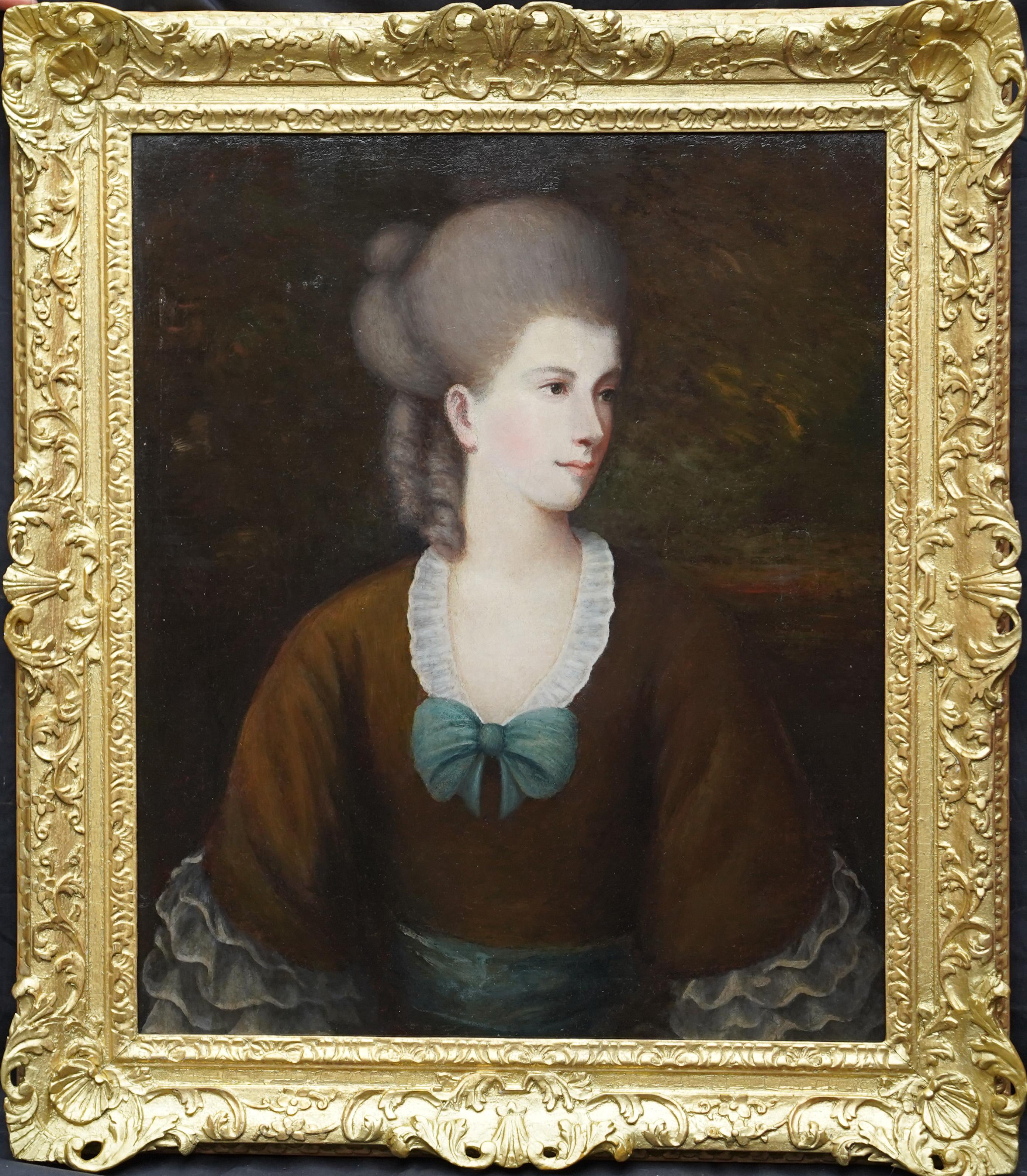 Portrait of a Lady with a Blue Bow - British 18thC art Old Master oil painting For Sale 6