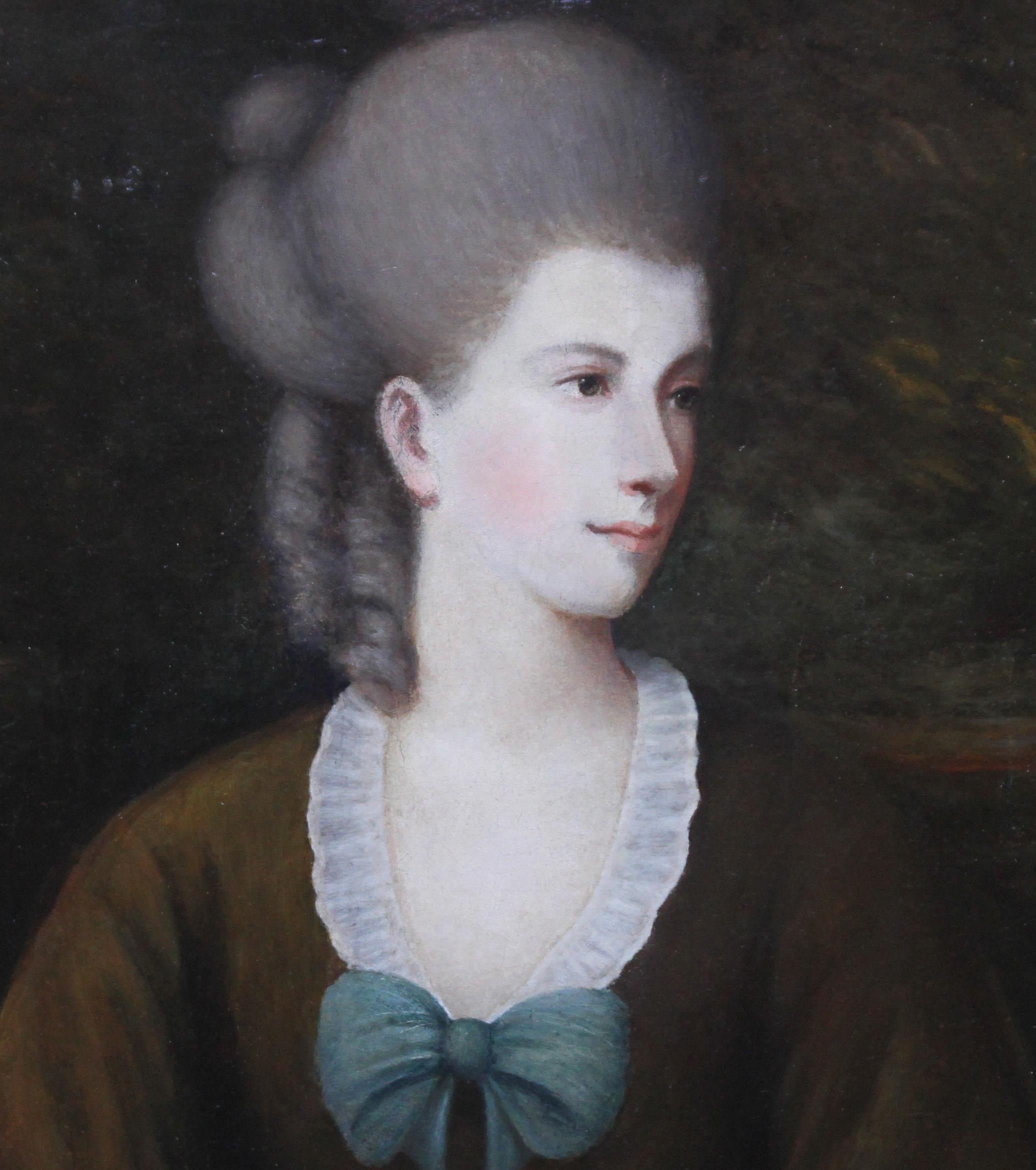 Dieses prächtige britische Porträt-Ölgemälde eines alten Meisters aus dem 18. Jahrhundert wird Matthew William Peters zugeschrieben. CIRCA 1780 gemalt, handelt es sich um ein schönes Halbporträt einer nach links blickenden Frau. Sie hat eine schöne