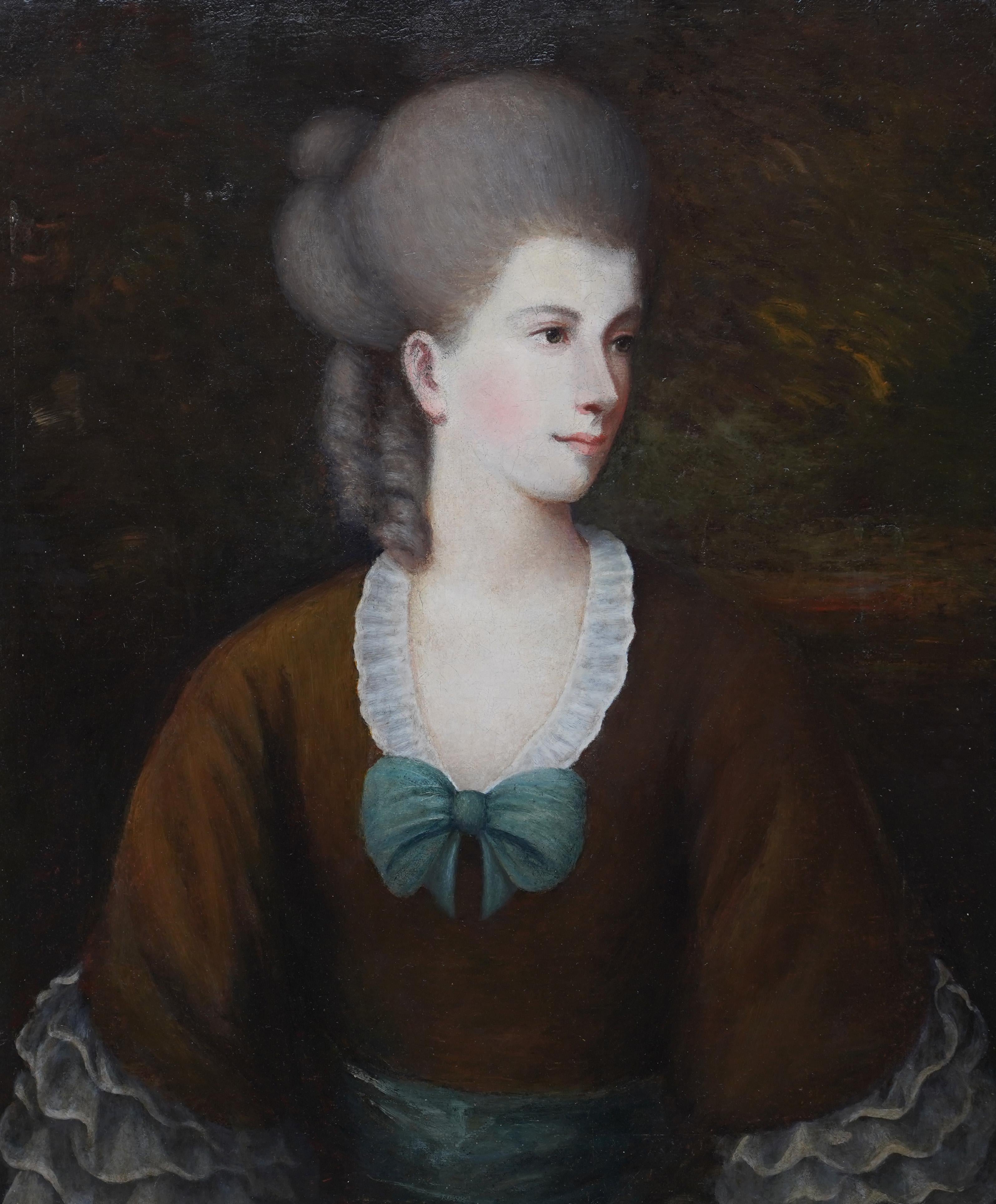 Portrait of a Lady with a Blue Bow - British 18thC art Old Master oil painting For Sale 5