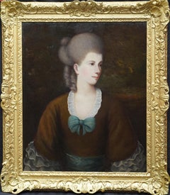Portrait d'une femme avec un nœud bleu - Peinture à l'huile de maître ancien britannique du 18e siècle
