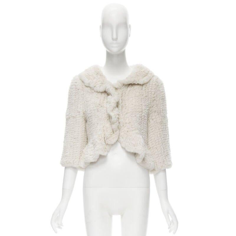 Beige MATTHEW WILLIAMSON beige rabbit fur ruffle collar 3/4 sleeve short jacket UK8 XS For Sale