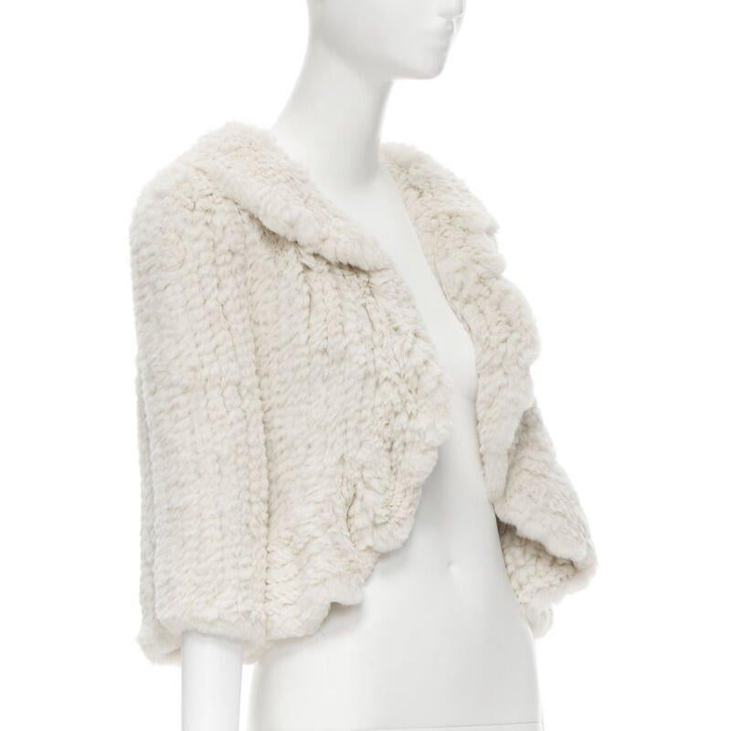 MATTHEW WILLIAMSON beige rabbit fur ruffle collar 3/4 sleeve short jacket UK8 XS In Excellent Condition For Sale In Hong Kong, NT