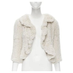 MATTHEW WILLIAMSON beige rabbit fur ruffle collar 3/4 sleeve short jacket UK8 XS