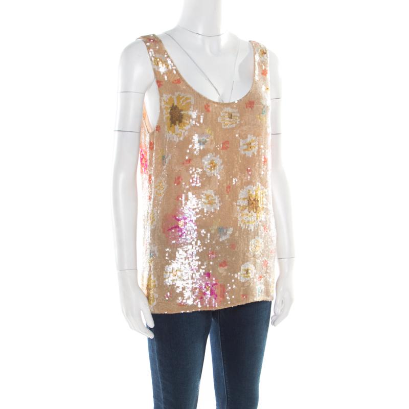 Matthew Williamson Beige Silk Sequin Embellished Tank Top S In Good Condition In Dubai, Al Qouz 2