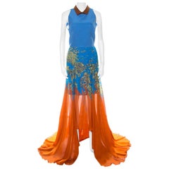 Matthew Williamson Blue & Orange Printed Chiffon Dress With Organza Top L