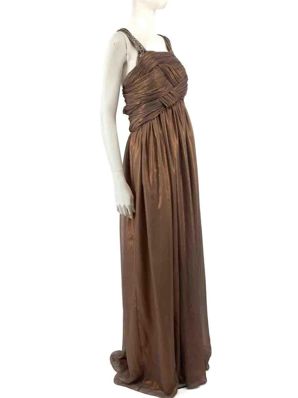 CONDITION is Very good. Minimal wear to dress is evident. Minimal wear to the embellishment with missing beads to the shoulder straps on this used Matthew Williamson designer resale item.
 
 
 
 Details
 
 
 Brown metallic
 
 Silk
 
 Gown
 
 Maxi
 
