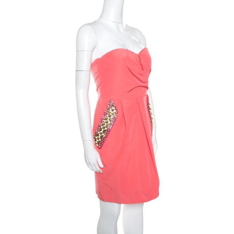 Matthew Williamson Coral Pink Embellished Pocket Detail Strapless Valencia Dress In Excellent Condition In Dubai, Al Qouz 2