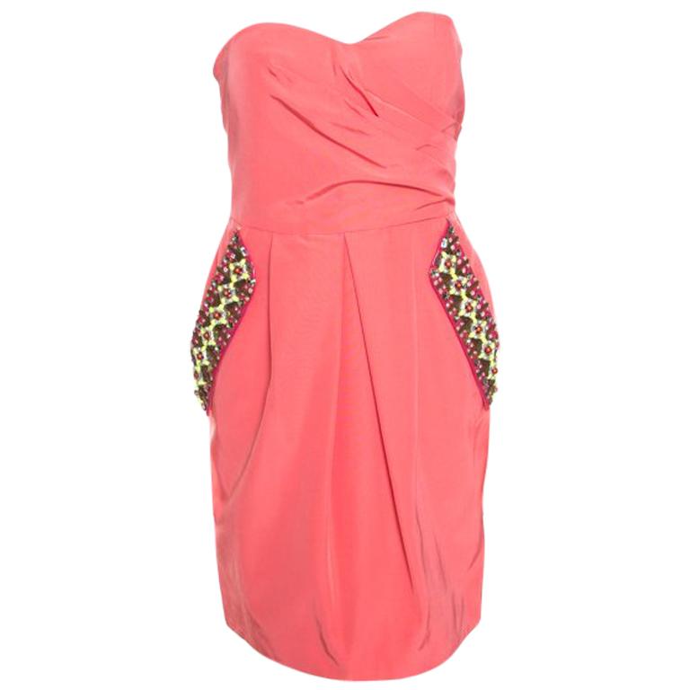 Matthew Williamson Coral Pink Embellished Pocket Detail Strapless Valencia Dress