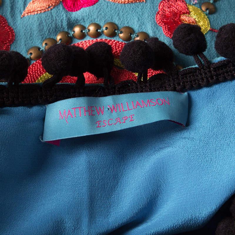 Matthew Williamson Escape Blue Floral Embroidered Silk Pom Pom Trim Sleeveless D For Sale 1