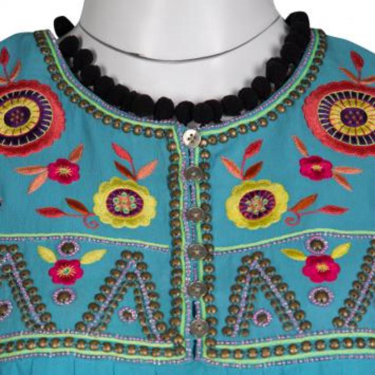 Blu Matthew Williamson Escape - Vestito senza maniche in seta con ricamo floreale e rifiniture in pom pom - M. I. in vendita