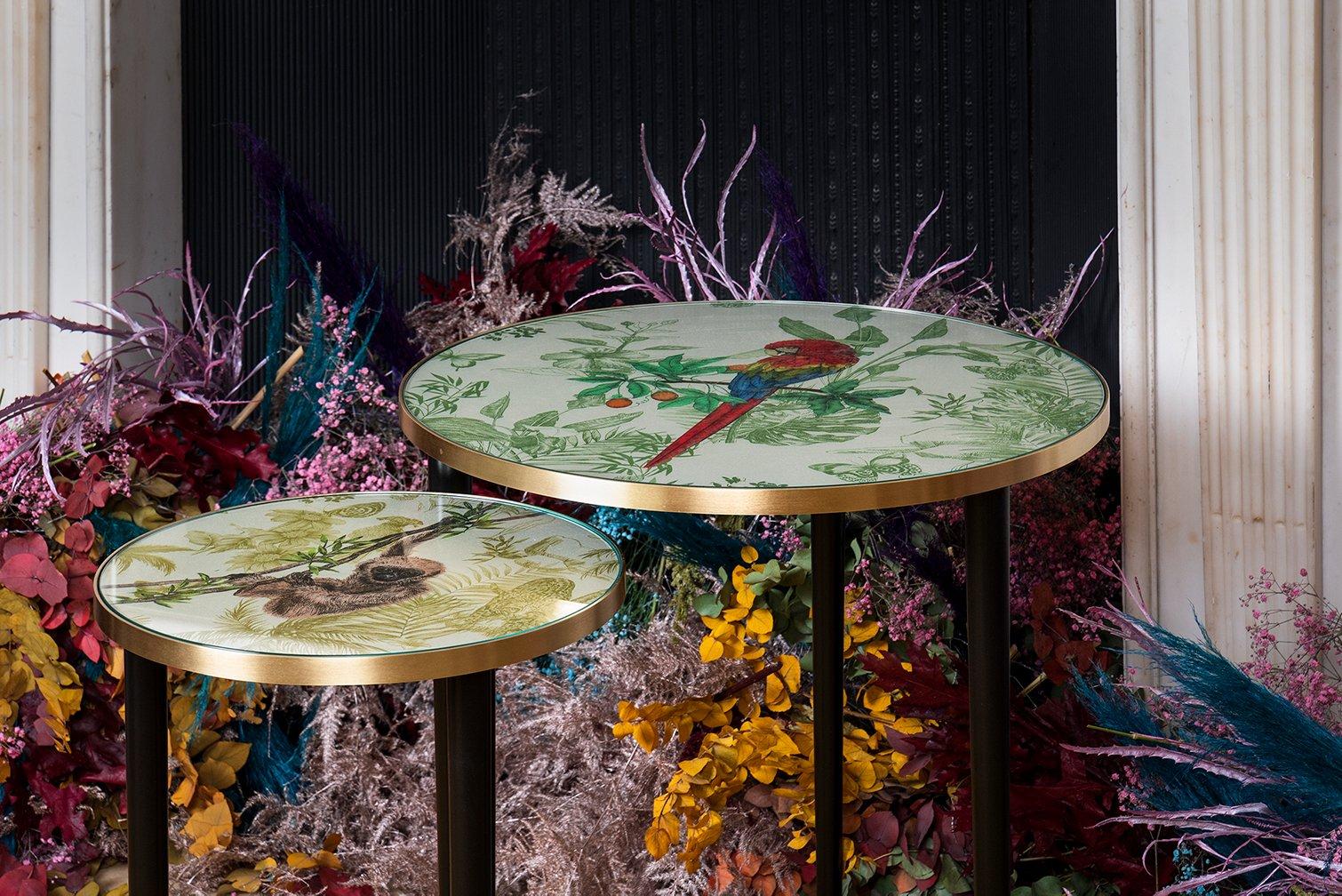 Create your own whimsical menagerie with Matthew Williamson’s collection of beautiful animal menagerie, fine upholstered onto these circular tables which are versatile enough to be used as side tables, cocktail tables, either as a nest or as