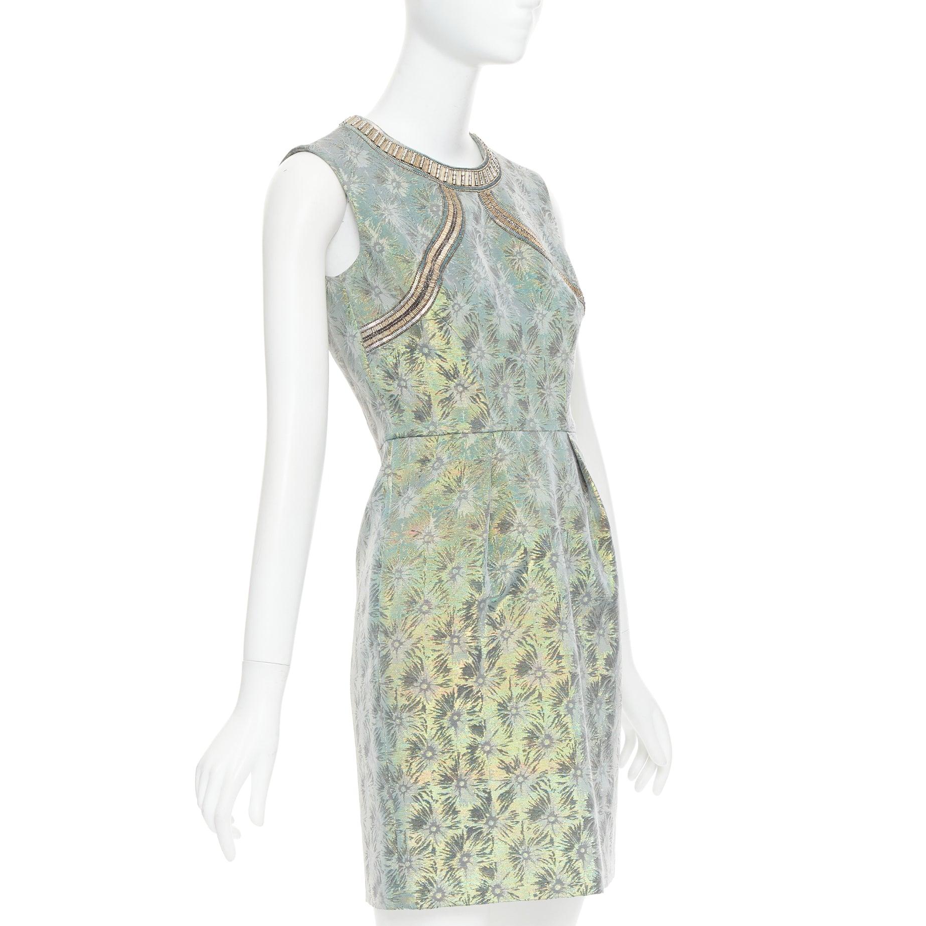 Gray MATTHEW WILLIAMSON green iridescent gold bullet bead sheath dress UK8 S For Sale