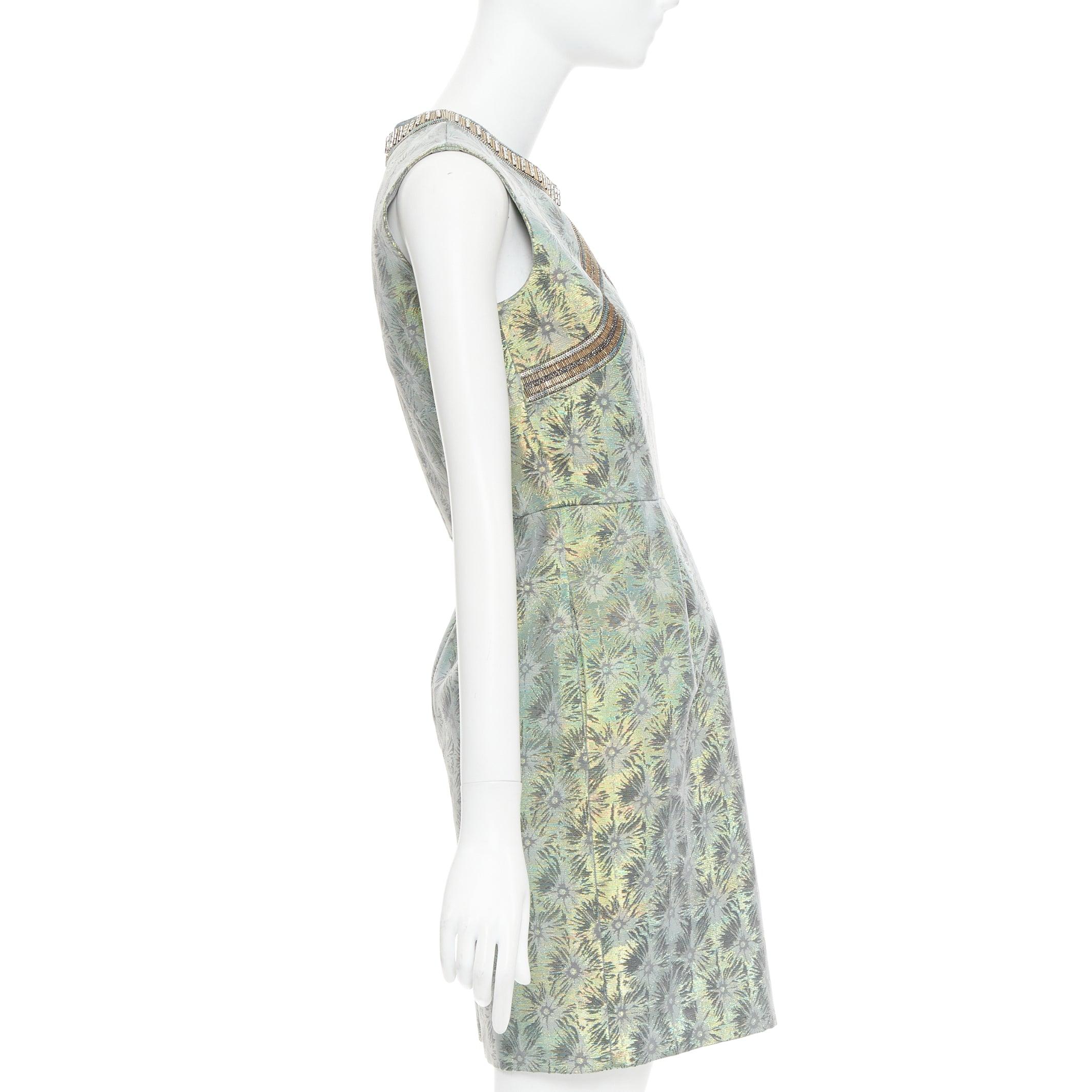 MATTHEW WILLIAMSON green iridescent gold bullet bead sheath dress UK8 S In Excellent Condition For Sale In Hong Kong, NT