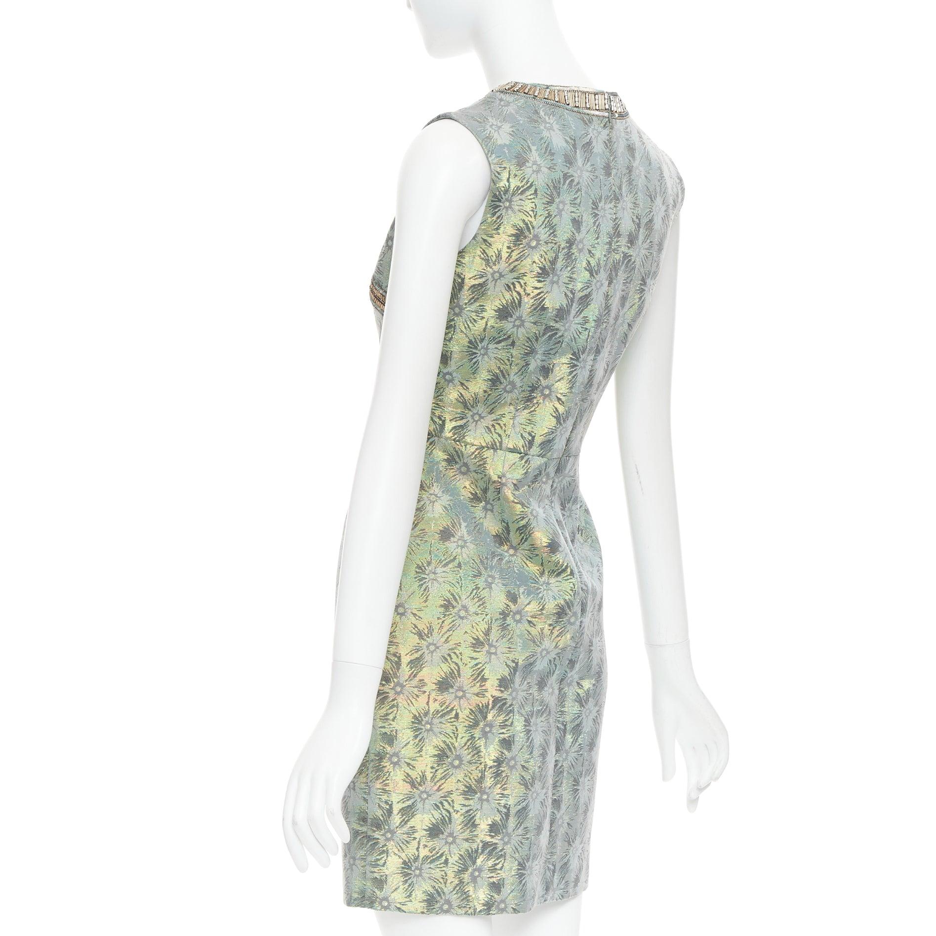 MATTHEW WILLIAMSON green iridescent gold bullet bead sheath dress UK8 S For Sale 1