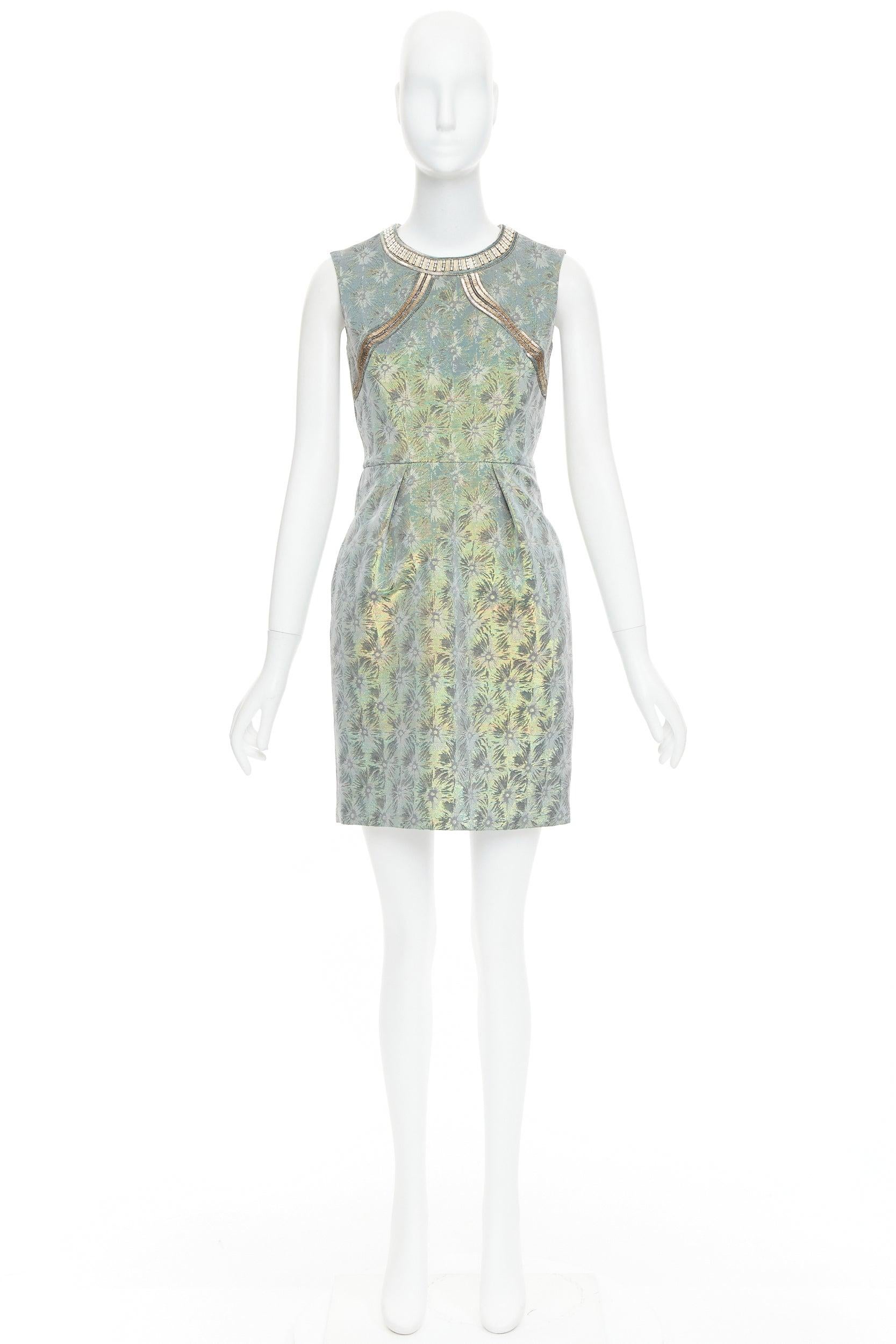 MATTHEW WILLIAMSON green iridescent gold bullet bead sheath dress UK8 S For Sale 4