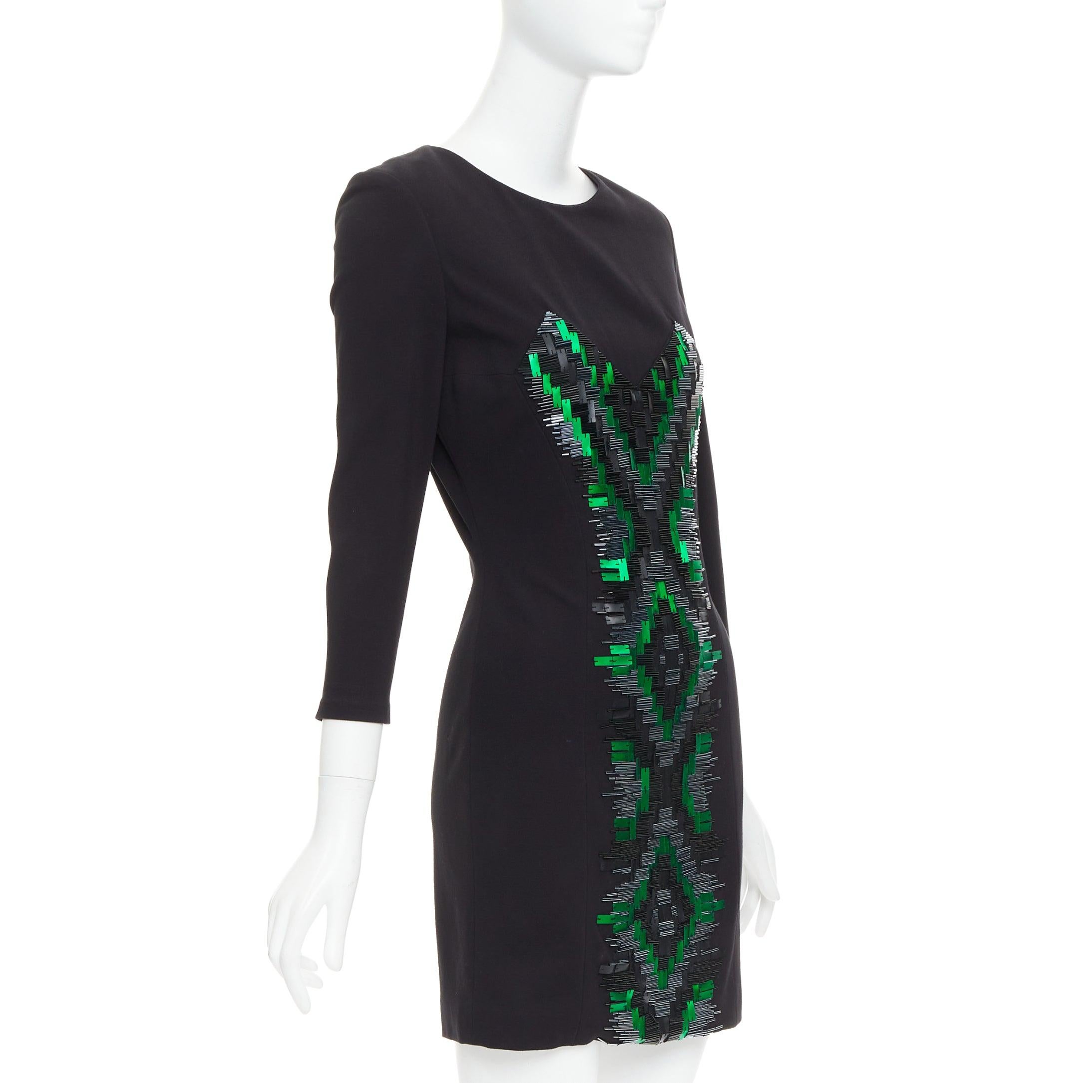 Black MATTHEW WILLIAMSON green rectangular sequin embellished illusion dress UK10 M For Sale
