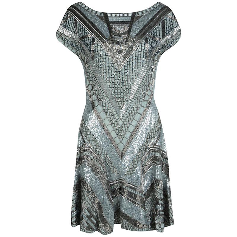 Matthew Williamson Grey Embellished Silk Cap Sleeve Dress M