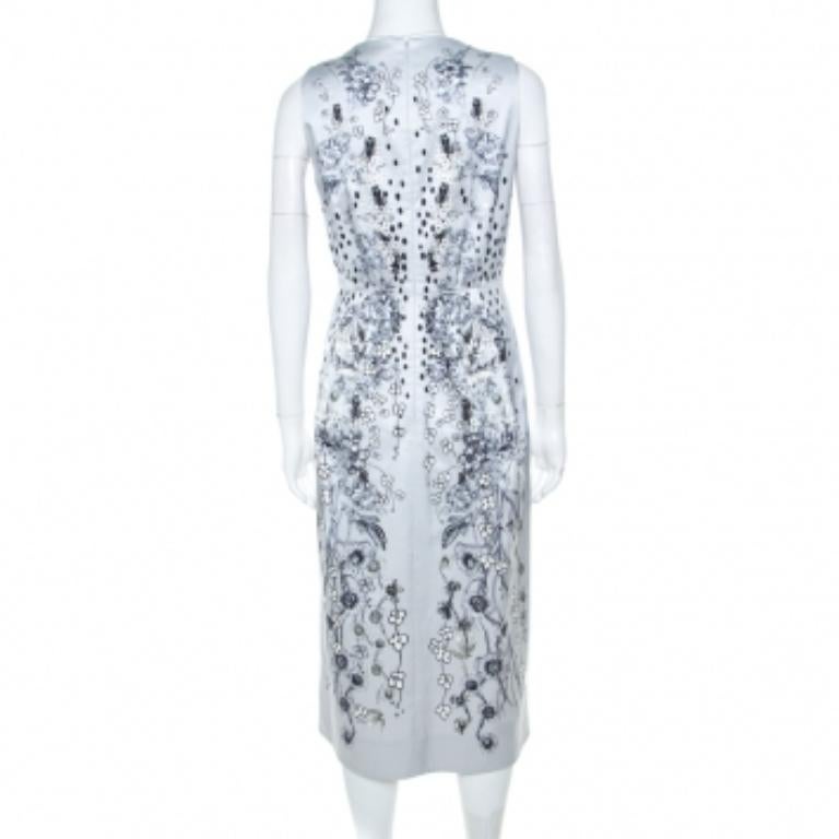 Matthew Williamson Grey Floral Print Cotton Blend Sleeveless Dress M (Robe sans manches en coton mélangé à imprimé floral) Pour femmes en vente