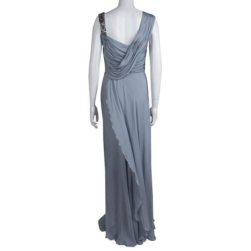 Gray Matthew Williamson Grey Silk Draped Asymmetric Embellished Gown M