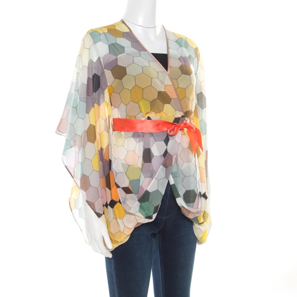 Beige Matthew Williamson Multicolor Honeycomb Printed Silk Wrap Kimono Tunic S