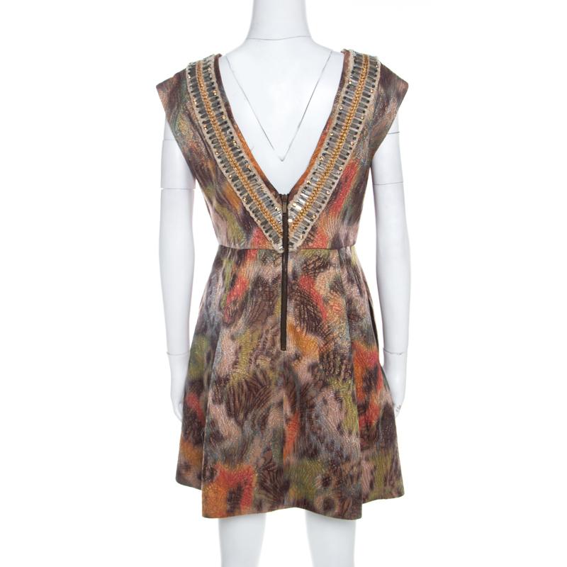 Brown Matthew Williamson Multicolor Printed Jacquard Plunge Neck Cocktail Dress M