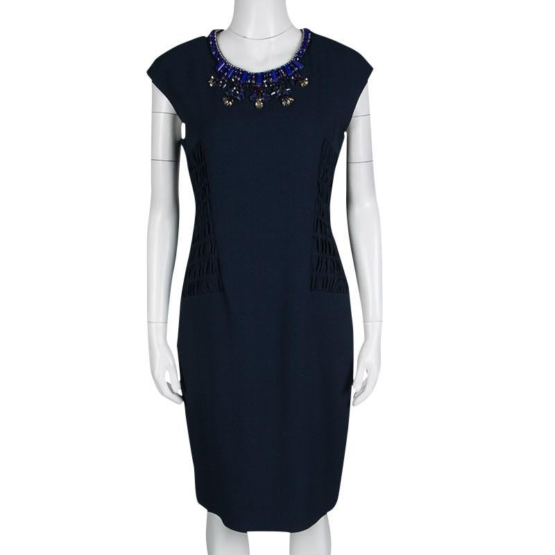 Black Matthew Williamson Navy Blue Smocked Waist Detail Embellished Neck Sleeveless Dr