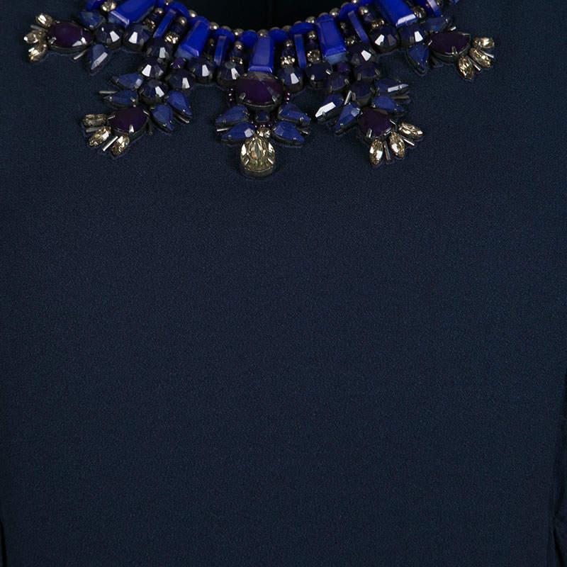 Women's Matthew Williamson Navy Blue Smocked Waist Detail Embellished Neck Sleeveless Dr For Sale
