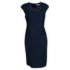 Matthew Williamson Navy Blue Smocked Waist Detail Embellished Neck Sleeveless Dr