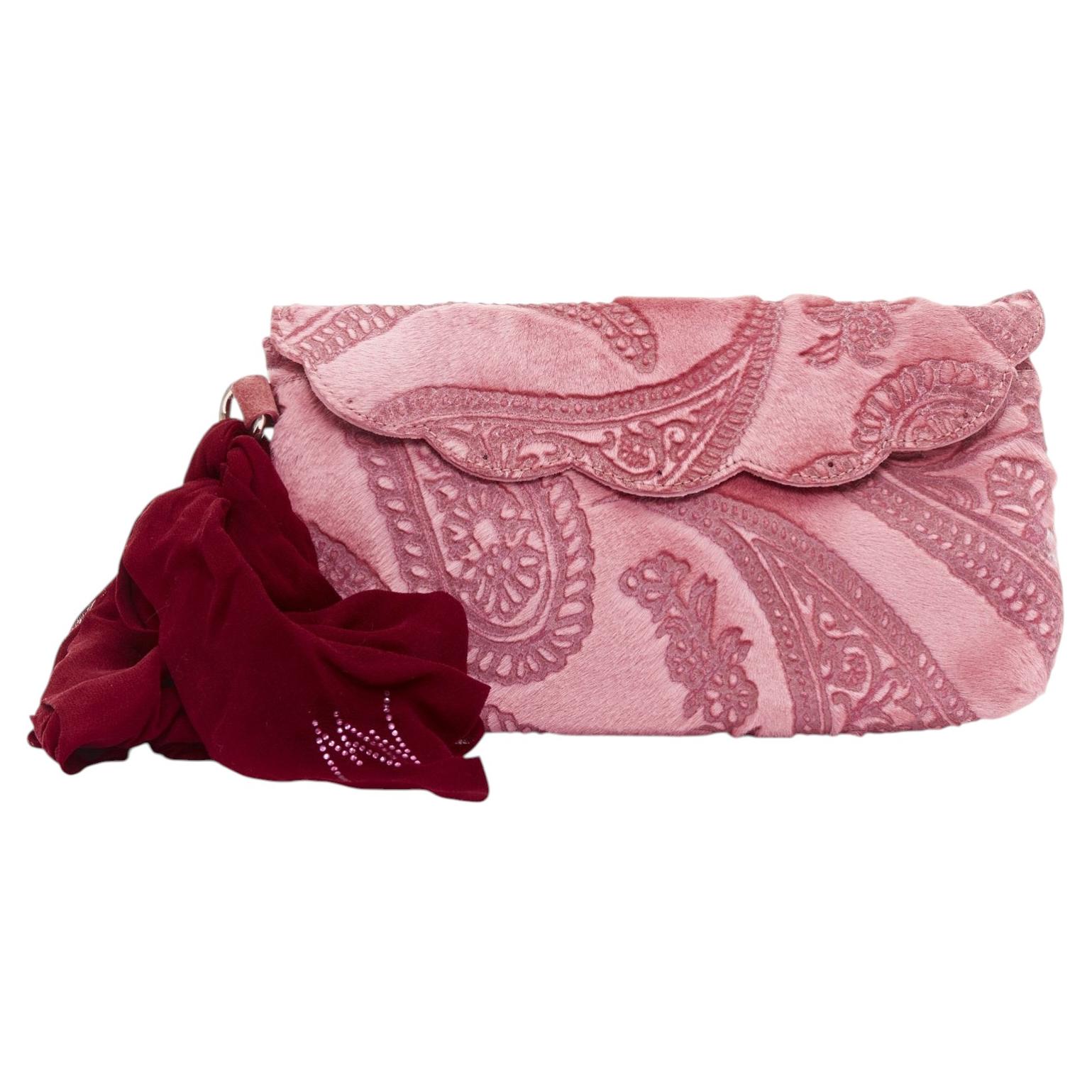 Pre-owned Matthew Williamson Pink Laser Cut Calf Hair Crystal Silk Wristlet Clutch Bag