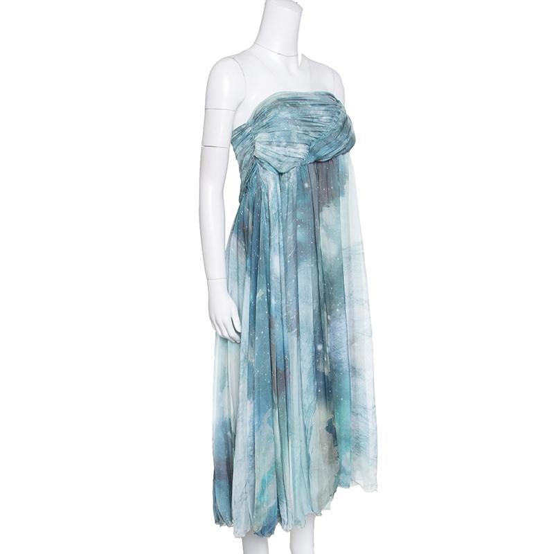 Blue Matthew Williamson Printed Silk Draped Strapless Dress S